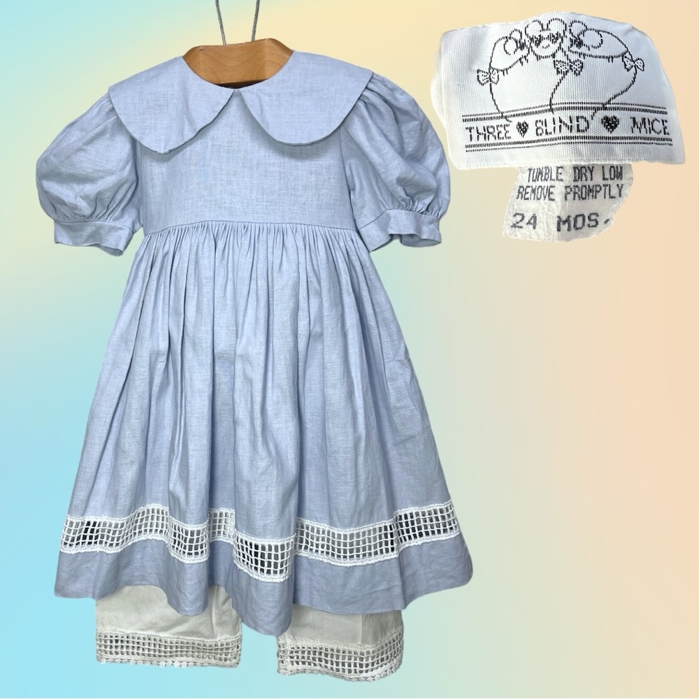 VTG 90’s Three Blind Mice Blue & White Short Sleeve Dress & Bloomers 24 months
